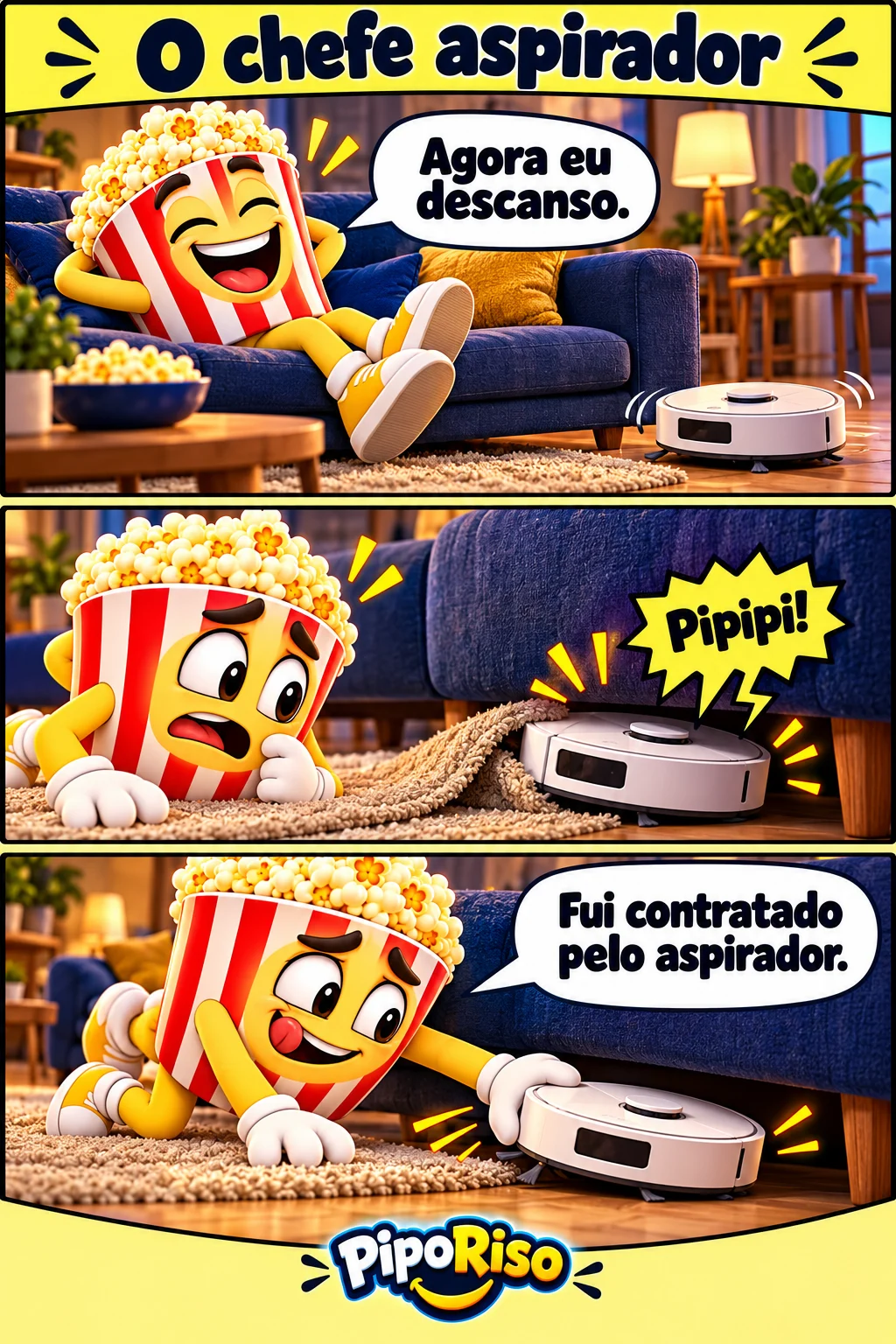 Em três quadros, PipoRiso põe um aspirador robô para limpar, ouve o aparelho preso sob o sofá e precisa resgatá-lo.