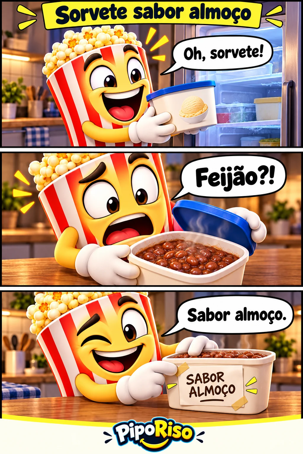 Em três quadros, PipoRiso encontra um pote de sorvete no freezer, descobre feijão dentro e muda o rótulo para sabor almoço.