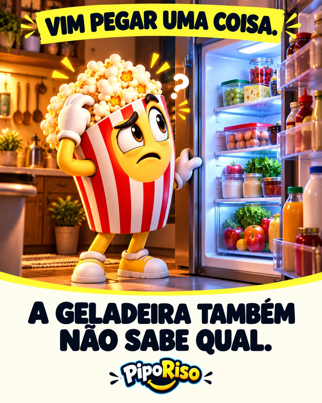 PipoRiso olha para dentro da geladeira aberta com expressão confusa e uma mão na cabeça.