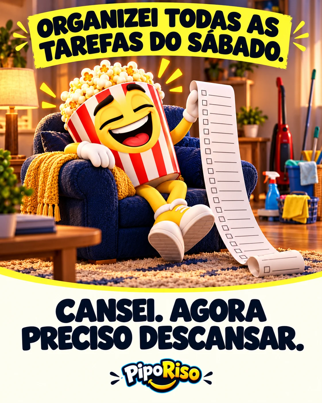PipoRiso descansa numa poltrona segurando uma longa lista de tarefas do sábado, ainda sem nenhuma tarefa marcada.