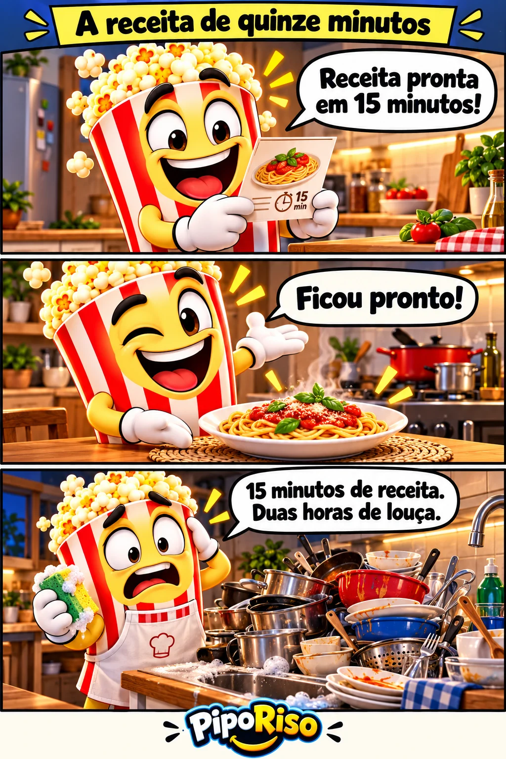Em três quadros, PipoRiso segue uma receita rápida, serve uma pequena refeição e descobre uma montanha de louça para lavar.