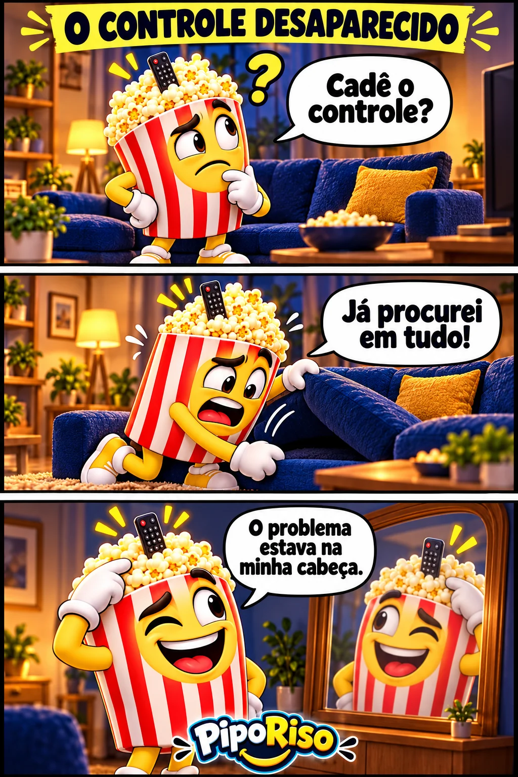 Em três quadros, PipoRiso procura o controle remoto no sofá e descobre no espelho que ele estava preso entre as pipocas da própria cabeça.