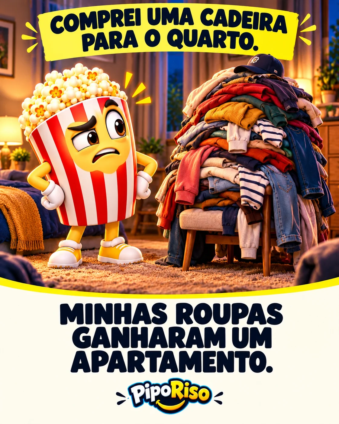PipoRiso encara uma cadeira do quarto completamente coberta por uma montanha de roupas.