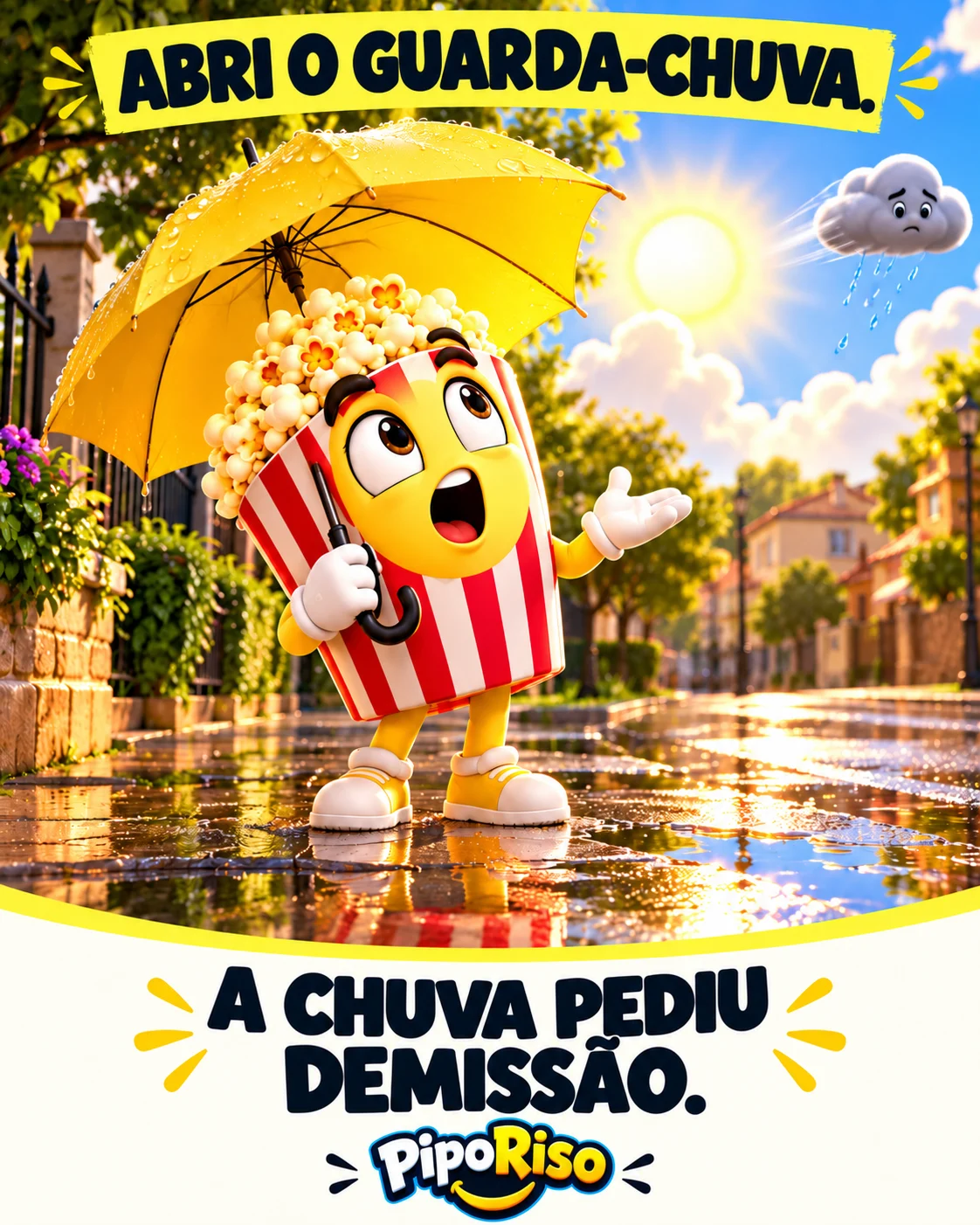 PipoRiso acaba de abrir um guarda-chuva na calçada. A última nuvem se afasta e o sol aparece.