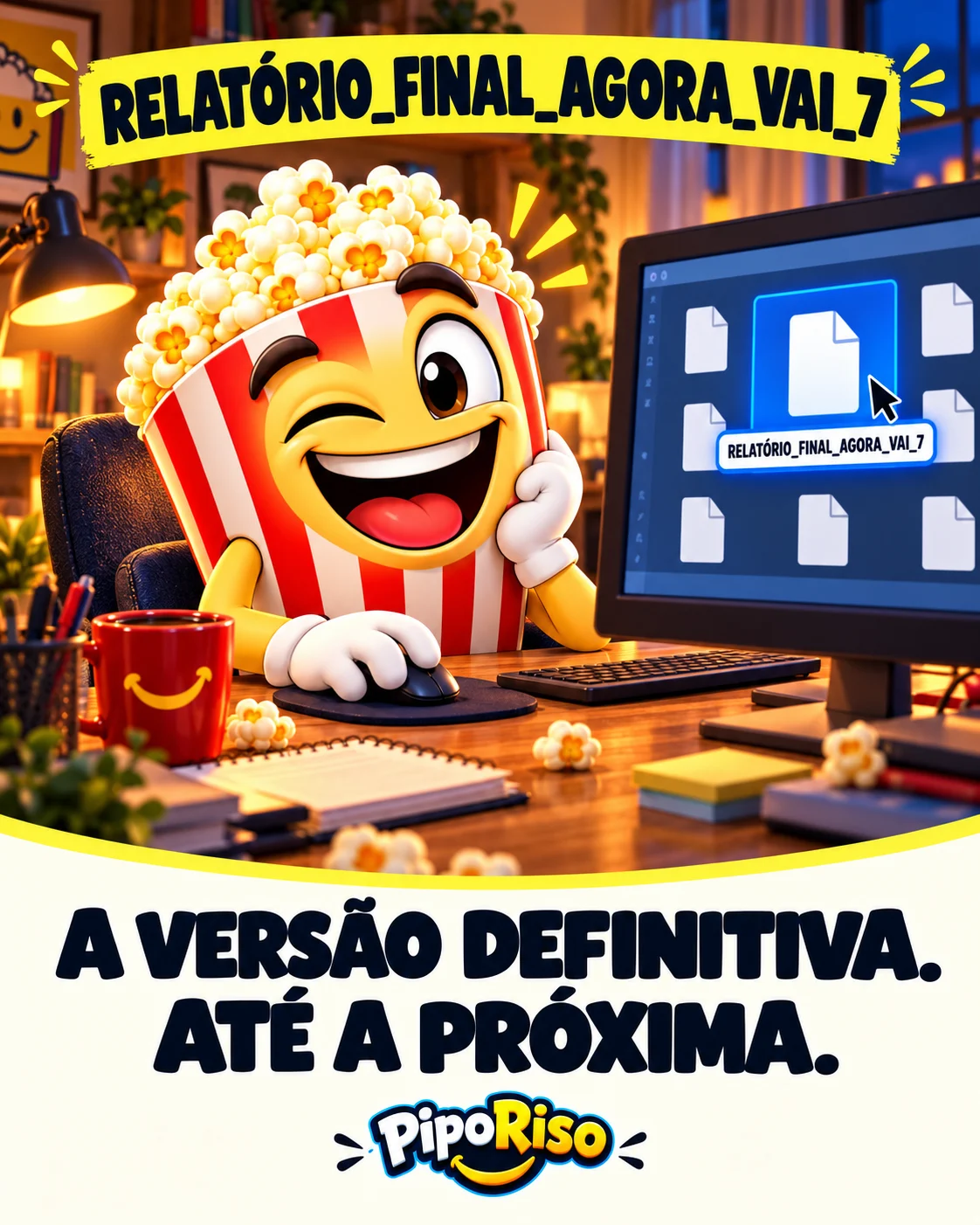 PipoRiso está diante do computador com várias versões de um relatório. O arquivo selecionado se chama RELATÓRIO_FINAL_AGORA_VAI_7.