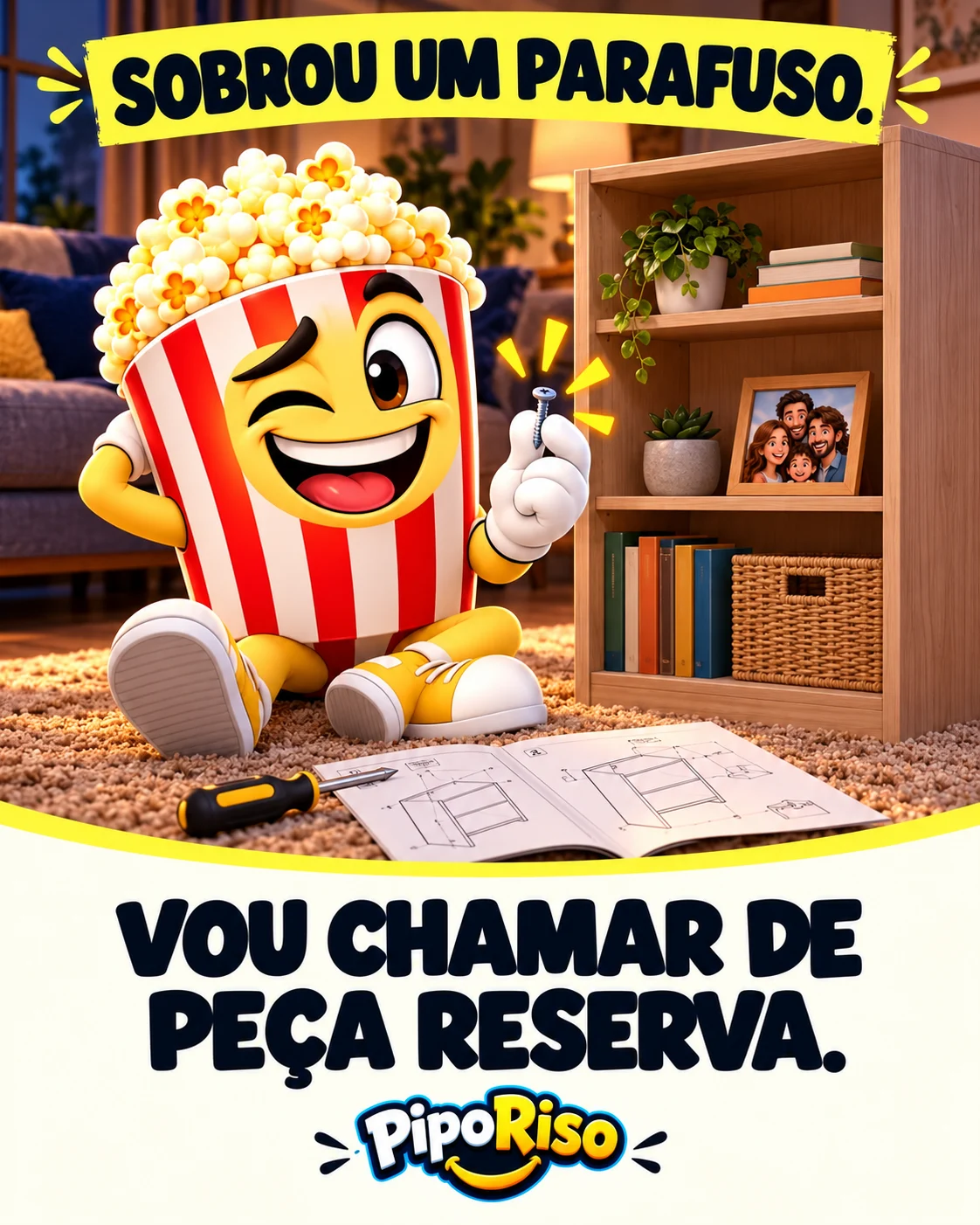 PipoRiso exibe um parafuso que sobrou da montagem de uma pequena estante, enquanto o manual está aberto no chão.