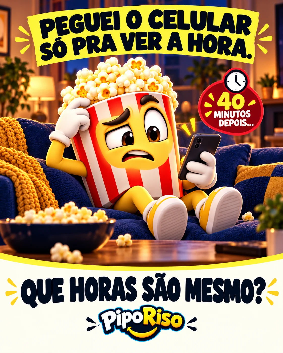 PipoRiso olha o celular confuso no sofá. Texto: “Peguei o celular só pra ver a hora.” Após 40 minutos: “Que horas são mesmo?”
