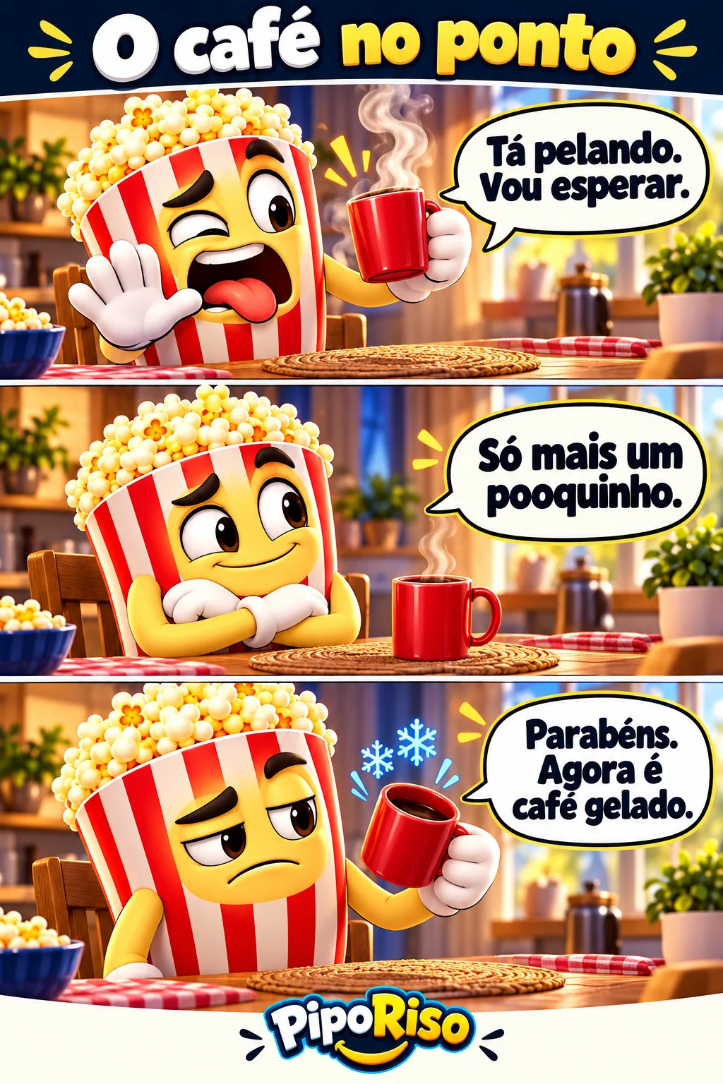 Em três quadros, PipoRiso espera um café muito quente esfriar e acaba encontrando a bebida completamente fria.