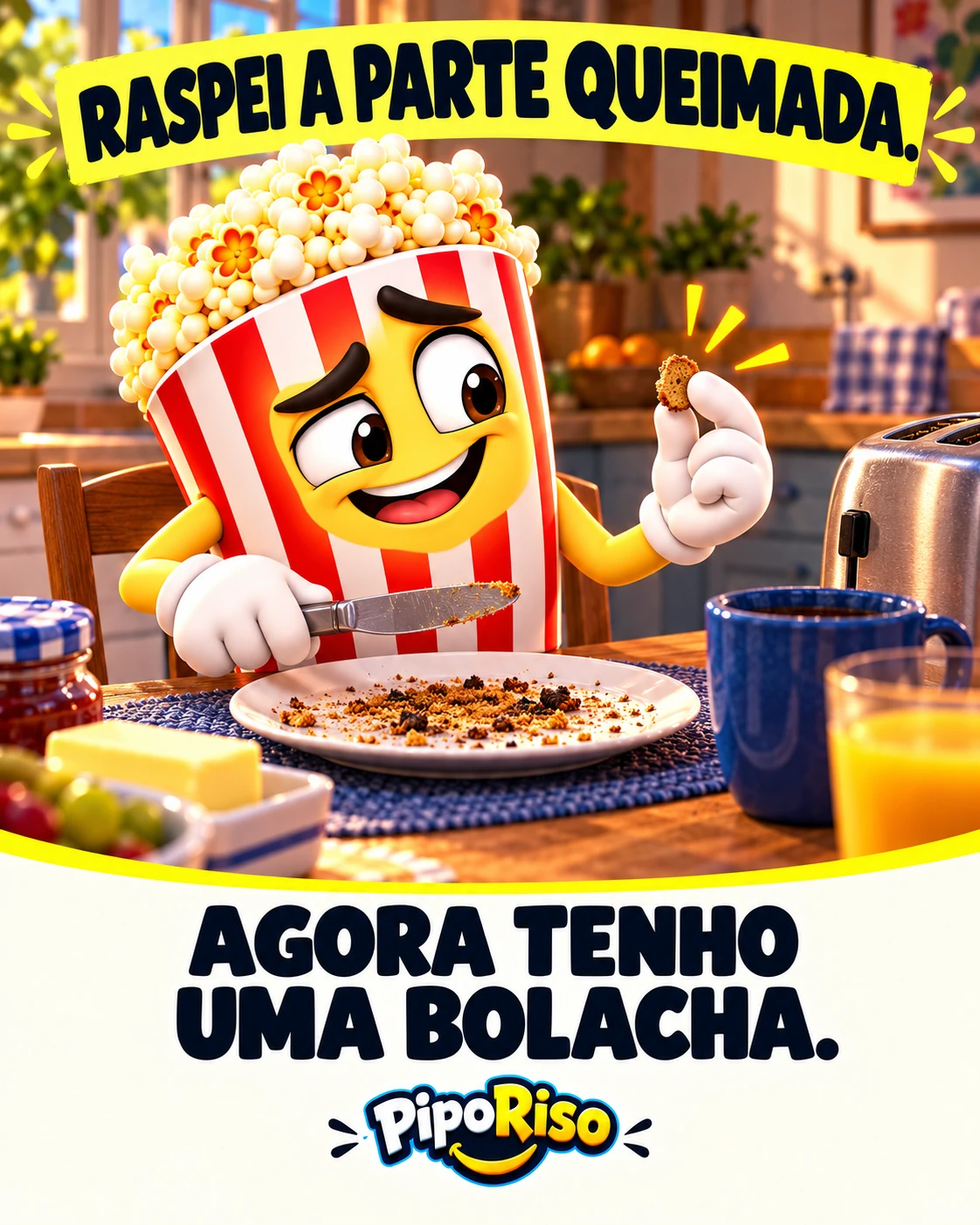 PipoRiso raspa uma torrada queimada sobre um prato. Na mão sobra apenas um pedacinho de pão.