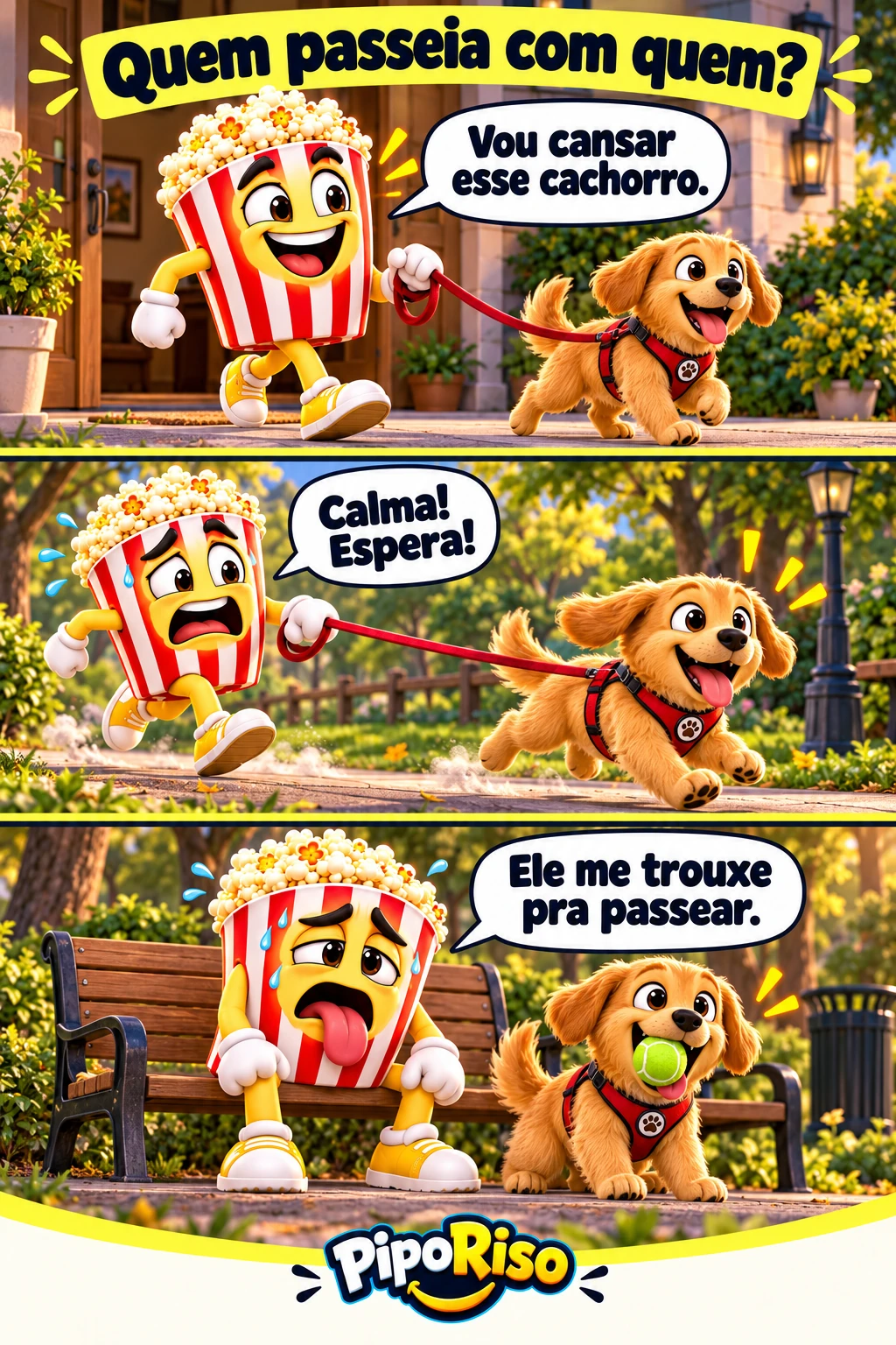 Em três quadros, PipoRiso sai com um cachorro animado, corre para acompanhá-lo e termina cansado enquanto o cão ainda quer brincar.