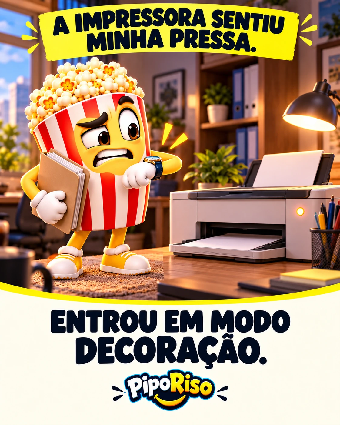 PipoRiso espera diante de uma impressora sem imprimir nada, segurando uma pasta e olhando o relógio.