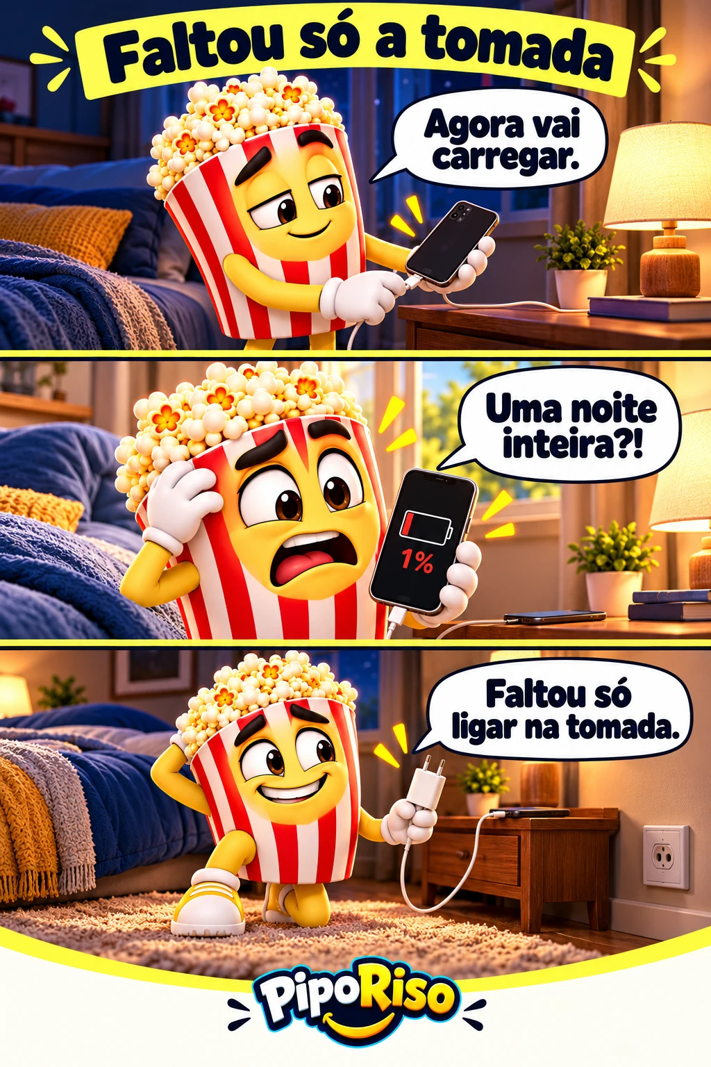 Em três quadros, PipoRiso conecta o celular ao cabo à noite, encontra a bateria em 1% pela manhã e percebe que o carregador está fora da tomada.