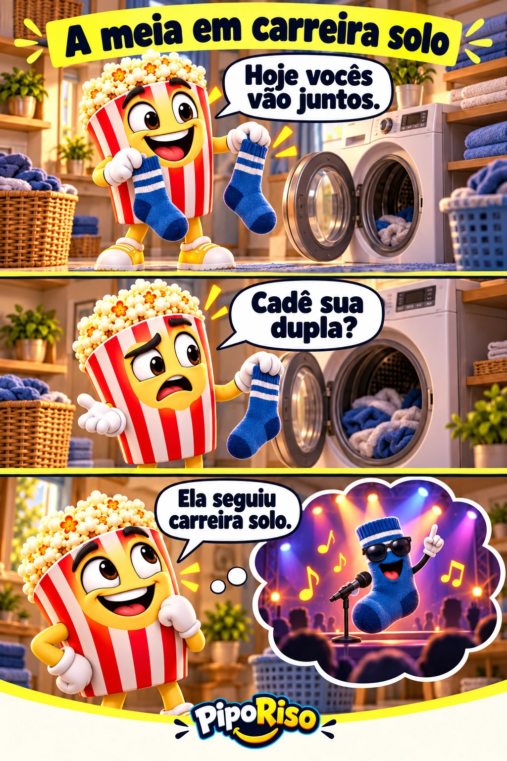 Em três quadros, PipoRiso coloca duas meias azuis na lavadora, encontra só uma depois da lavagem e imagina a meia desaparecida cantando num palco.