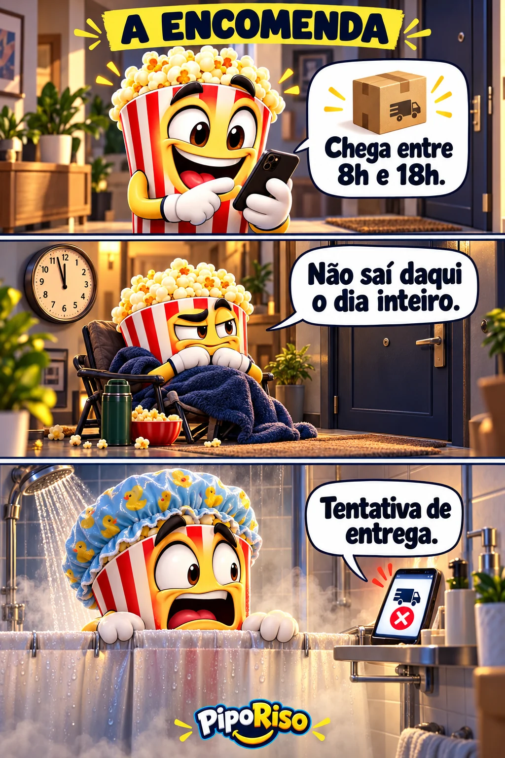 Tirinha em três quadros. PipoRiso espera uma encomenda o dia inteiro e recebe a notificação de tentativa de entrega justamente quando entra no banho.
