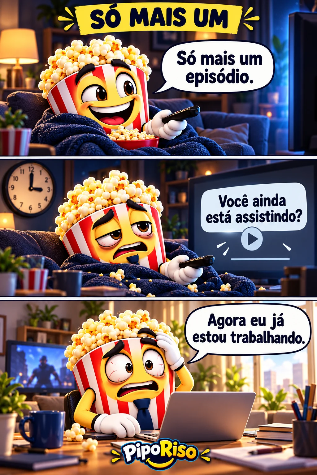 Tirinha em três quadros. PipoRiso promete ver só mais um episódio, passa a noite assistindo e precisa começar a trabalhar sem ter dormido.
